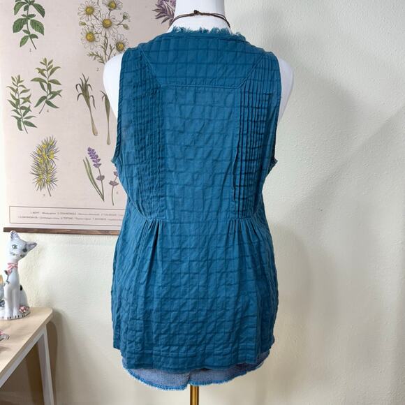 Anthropologie Maeve Teal Blue Pintuck Button Up Sleeveless Blouse Boho Coastal M - Picture 2 of 4